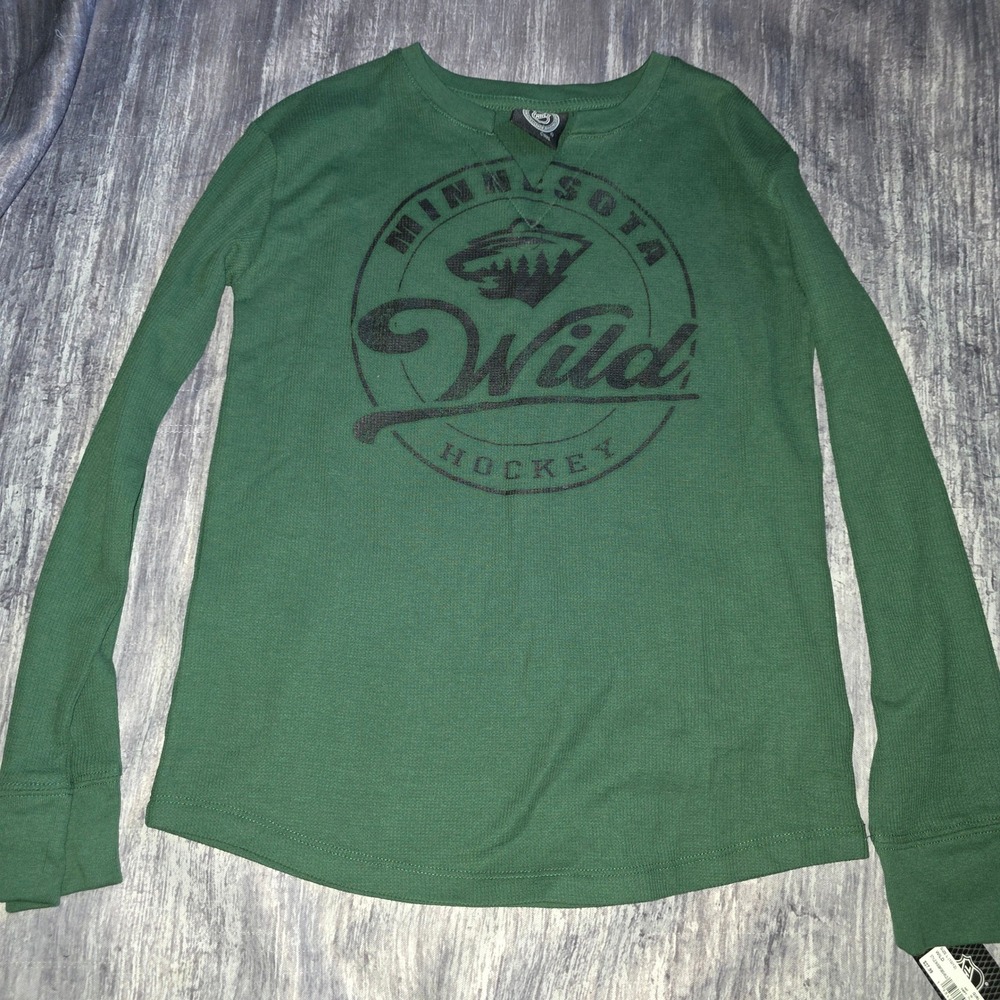 NHL Minnesota Wild Girls L 10/12 Green Long Sleeve Thermal Graphic Shirt NWT